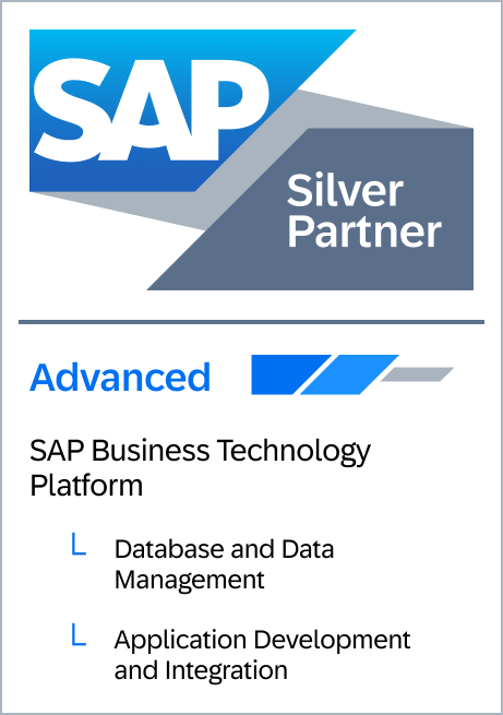SAP-Silver-Partnerschaft-Zertifizierung
Level Advanced
SAP Business Technology Platform
Spezialisierungen:
- Database and Data Management
- Application Development and Integration